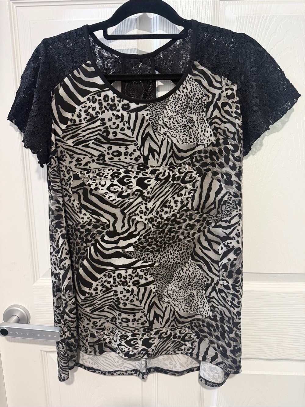 Suzie In The City Black & White Animal Print Lace Sleeve Top